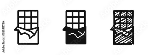 Chocolate bar icon set. Outline, glyph, and hand-drawn candy snack symbols with partially removed wrapper on a white background.