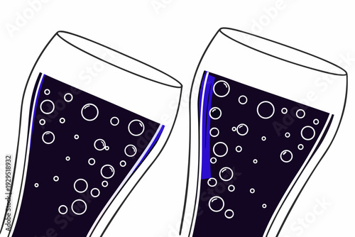 A minimalist vector illustration of two glasses of dark beer with bubbles