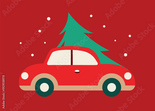 Retro red car driving through a snowy landscape delivering a festive Christmas tree against a vibrant red background.