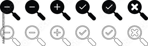 Magnifying glass icons with plus, minus, check and cross symbols in black and white outline style isolated on white background