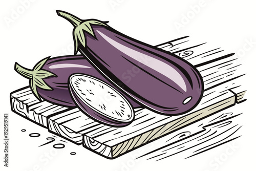 A colorful vector illustration of three eggplants on a wooden cutting board