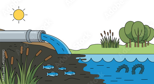 Industrial pipe discharging effluent into a lake, surrounded by lush greenery, aquatic life, sunny sky, environmental pollution illustration, water contamination concept, vector.
