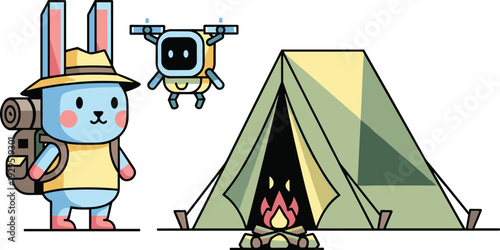 Cute bunny camper vector illustration with drone, tent, campfire and backpack for outdoor adventure branding design