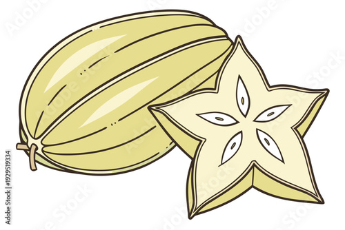 A vector graphic illustration of two starfruit, one whole and one sliced, in a simple and colorful design
