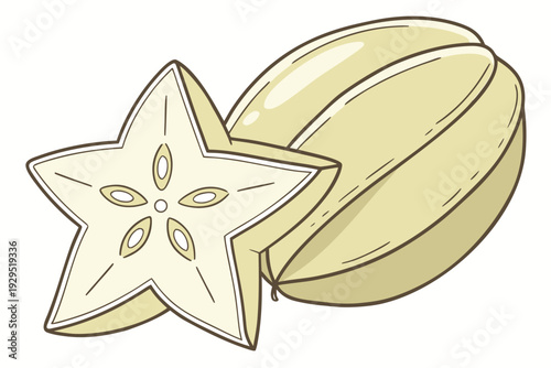 A vector graphic illustration of a starfruit and a cut starfruit on a white background