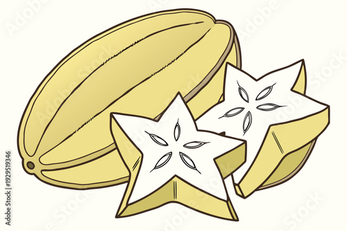A vector graphic illustration of a starfruit and its sliced pieces in a simple design