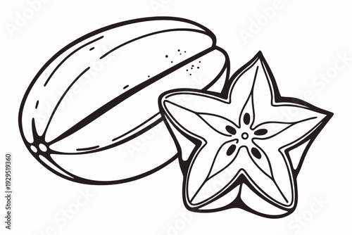 A black and white illustration of a starfruit and a whole fruit on a plain background