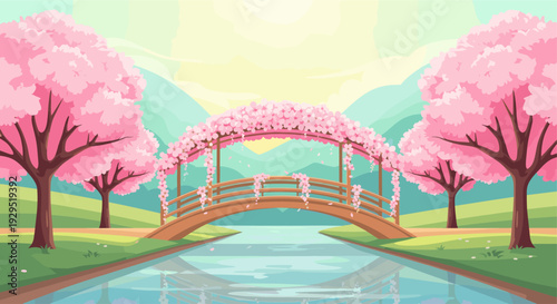 Illustration of a cherry blossom tree in full bloom, framing a bridge over a calm, reflective river with a backdrop of serene, pastel mountains and sky, evoking peace and tranquility.