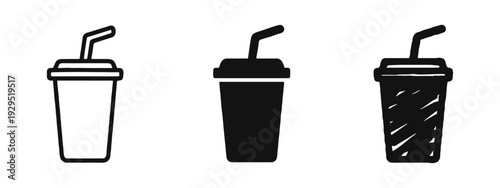 Drink Cup with Straw icon set in outline, solid, and hand-drawn doodle styles. Disposable beverage and fast food symbol.