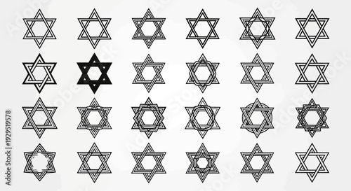 Collection of Star of David Symbols with Geometric Variations and Outline Styles