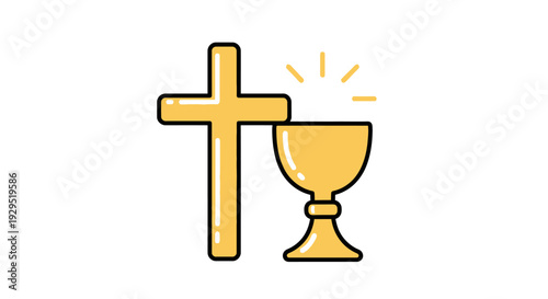 Linear icon of christian cross and chalice representing faith and communion