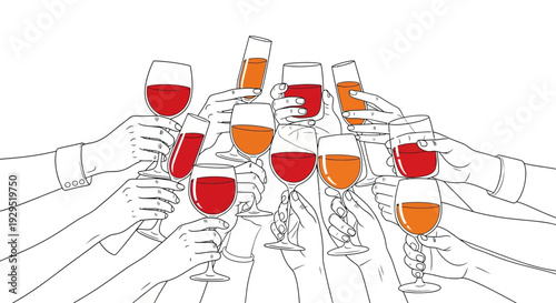 Group of people toasting with wine glasses in a celebratory atmosphere.