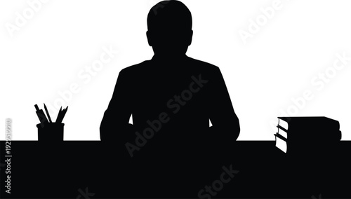 Businessman sitting at desk silhouette with books and stationery, professional office workspace scene isolated on white background, black and white vector illustration
