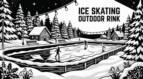 outdoor ice skating rink surrounded by snow black and white representing winter recreation and seasonal activity