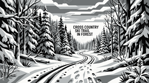 cross country ski trail in a snowy forest black and white vector representing endurance sport and nature exploration