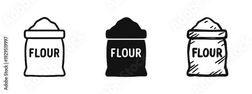 Flour bag icons set. Outline, solid, and doodle style food ingredient illustrations for baking.