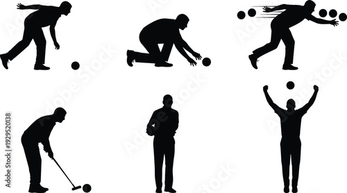 Bowling player silhouette collection featuring throwing aiming celebrating and holding ball poses black vector illustration set isolated on white background