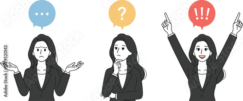 Businesswoman thinking confused and getting idea with speech bubbles question marks and exclamation points flat vector illustration concept set