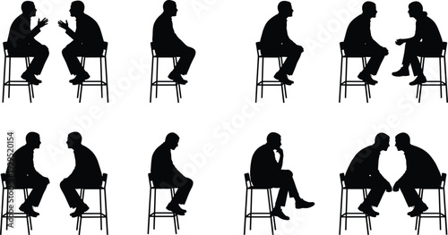Business meeting and interview conversation silhouette collection with seated men discussing and thinking poses black vector illustration set isolated on white background
