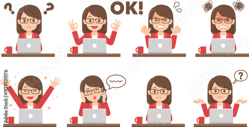 Businesswoman working on laptop showing different emotions confused happy angry stressed celebrating and talking on phone flat vector illustration set