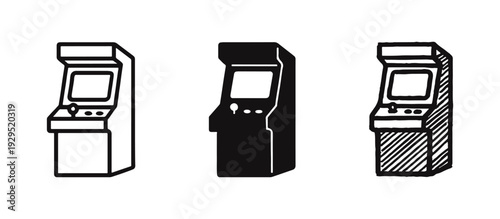 Arcade machine icons set. Outline, solid, and doodle style retro gaming illustrations.