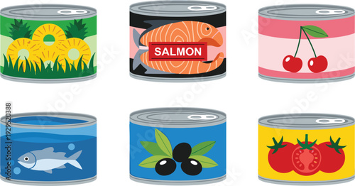 Flat vector set of various canned food products including pineapple rings, salmon fillet, cherries, tuna fish, black olives, and red tomatoes for grocery and pantry storage.