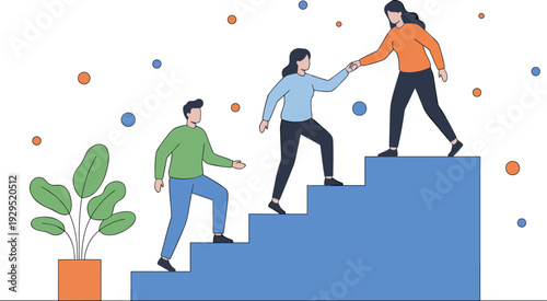 Teamwork and leadership concept illustration with people climbing stairs helping each other to achieve success isolated on white background flat vector design