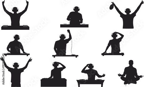 DJ silhouette set with headphones and turntables, music producer mixing at club party, black and white disc jockey vector illustration collection
