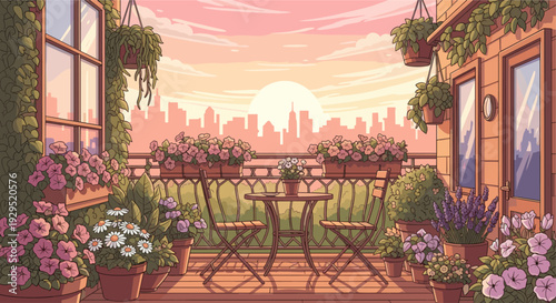 Charming vector illustration of a flower-filled balcony with a cozy table and chairs, overlooking a silhouette of a city skyline at sunset, casting a warm, inviting, and peaceful mood.