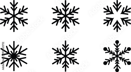 Six distinct black snowflake icons symbolizing winter's crisp beauty and festive holiday spirit, evoking frosty joy, presented with sharp contrast on white.