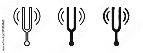 Tuning fork icon set. Instrument for musical pitch in outline, solid, and doodle styles.