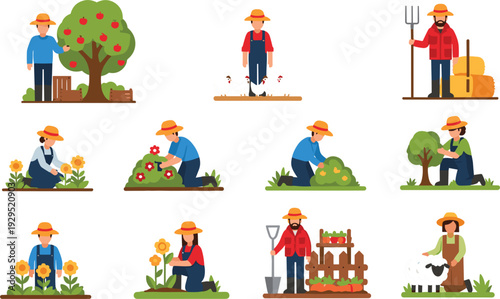 Flat vector collection of farmers and gardeners performing various agricultural activities like harvesting apples planting flowers tending sheep and gardening for organic farming concepts.