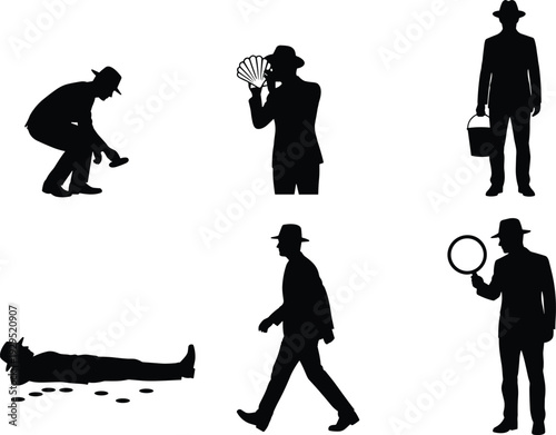 Detective silhouette set with magnifying glass footprints evidence investigation poses isolated on white background vector illustration collection for crime scene concept