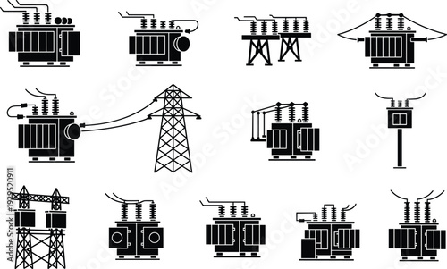 High voltage electrical transformer and power transmission tower black silhouette icon set isolated on white background for energy industry design