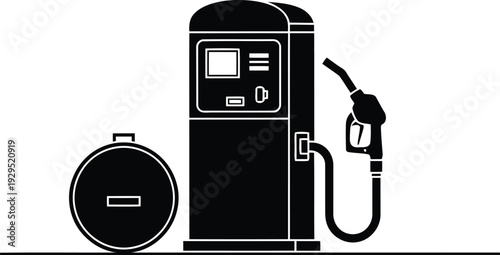 Automotive Service Silhouette Featuring Industrial Fuel Dispenser Pump with Nozzle and Portable Jerry Can for Gas Station and Emergency Refueling