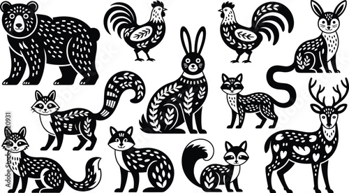 Nordic Scandinavian folk art woodland animals collection with bear, fox, rabbit, deer and rooster in black and white decorative vector illustration