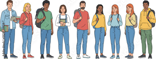 Diverse group of college students standing together with backpacks books and casual outfits multicultural young people flat vector illustration set