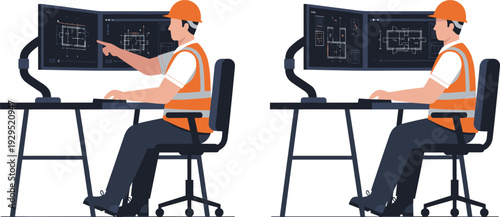 Industrial Engineer Reviewing Technical Blueprint on Dual Monitor Computer Workstation Construction Design Analysis Professional Engineering Workspace Vector Illustration