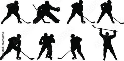Ice hockey player silhouette collection featuring skating shooting and goalie poses black vector illustration set isolated on white background for sports design