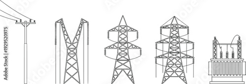 Electric Power Transmission Towers and Transformer Substation Line Art Set High Voltage Utility Infrastructure Engineering Illustration Collection