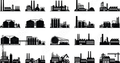 Industrial factory silhouette collection with power plants warehouses refineries and manufacturing buildings isolated on white background black vector illustration set
