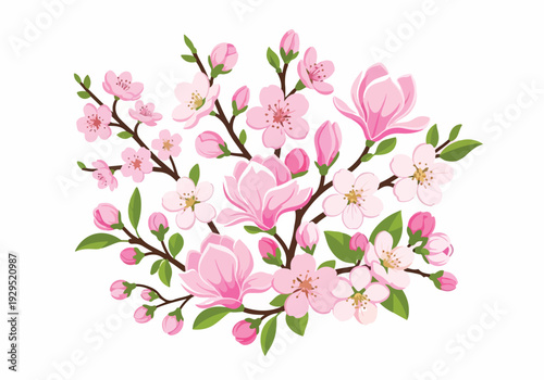 Beautiful arrangement of pink cherry blossoms and buds on branches, symbolizing spring and new beginnings with delicate floral details