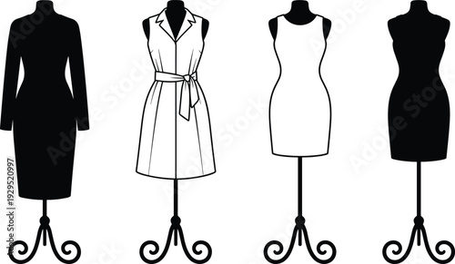 Elegant women dress collection on mannequin stand with formal and casual styles isolated on white background fashion vector illustration set