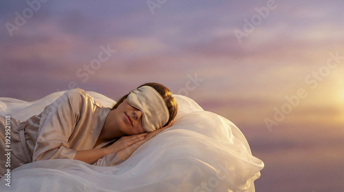 Peaceful Woman Sleeping on a Surreal Cloud Bed in a Soft Twilight Sky Representing World Sleep Day, Mental Health, and Deep Relaxation Wellness Concept
