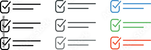 Minimal checklist icon set bundle including black, gray, and colorful outline variations. Each variation has checkboxes and tick marks for completed, pending, and editable tasks. Perfect for productiv