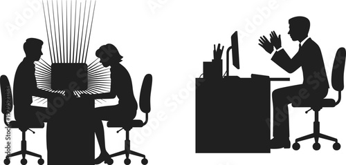 Office workers silhouette set, business people at desk with computer, teamwork and online meeting concept, black and white, cad drawing flat vector illustration