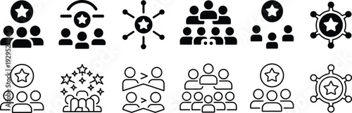 Customer Leadership and Teamwork Icons Set Featuring Star Rating Network Community Group Collaboration and Employee Recognition Symbols for Business Management Concepts