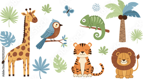 Cute safari animal collection featuring giraffe, lion, tiger, chameleon, and bird with tropical palm leaves for nursery wall art and kids design.