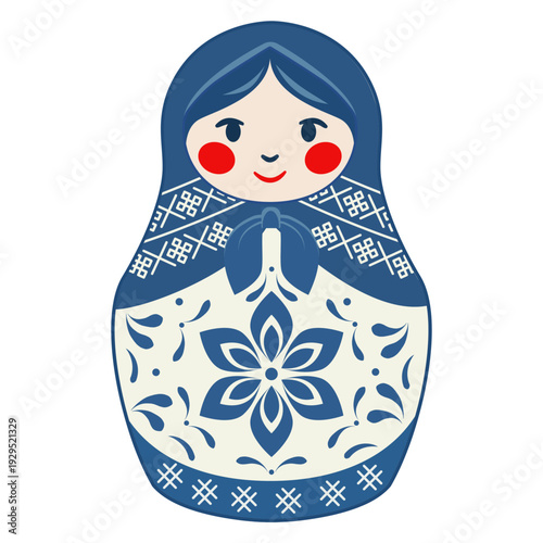 Matryoshka doll in Gzhel style. Vector drawing in the style of Russian folklore