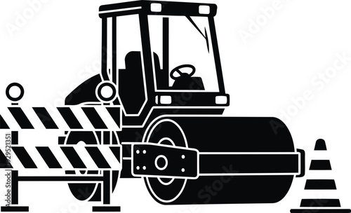 Heavy Construction Silhouette Featuring Steam Roller Compactor with Safety Barriers and Traffic Cone for Roadwork and Infrastructure Development